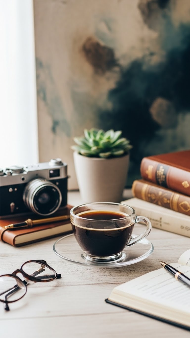 Clear glass coffee cup with vintage camera and journal arranged on rustic wooden desk setup