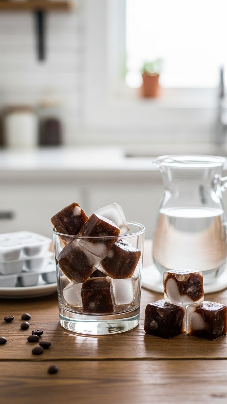 Clear glass filled with coffee ice cubes and regular water ice cubes on rustic wooden table with coffee beans nearby.