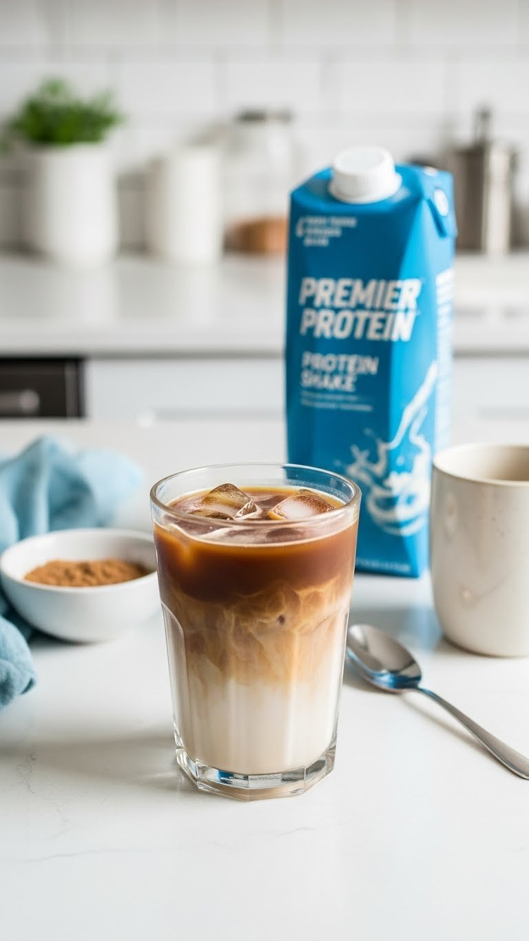 Clear glass filled with perfectly mixed two-ingredient protein coffee featuring Premier Protein shake and melting ice cube