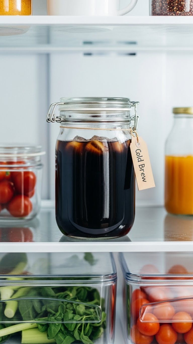 Clear glass jar of dark cold brew coffee concentrate in organized refrigerator shelf with fresh ingredients