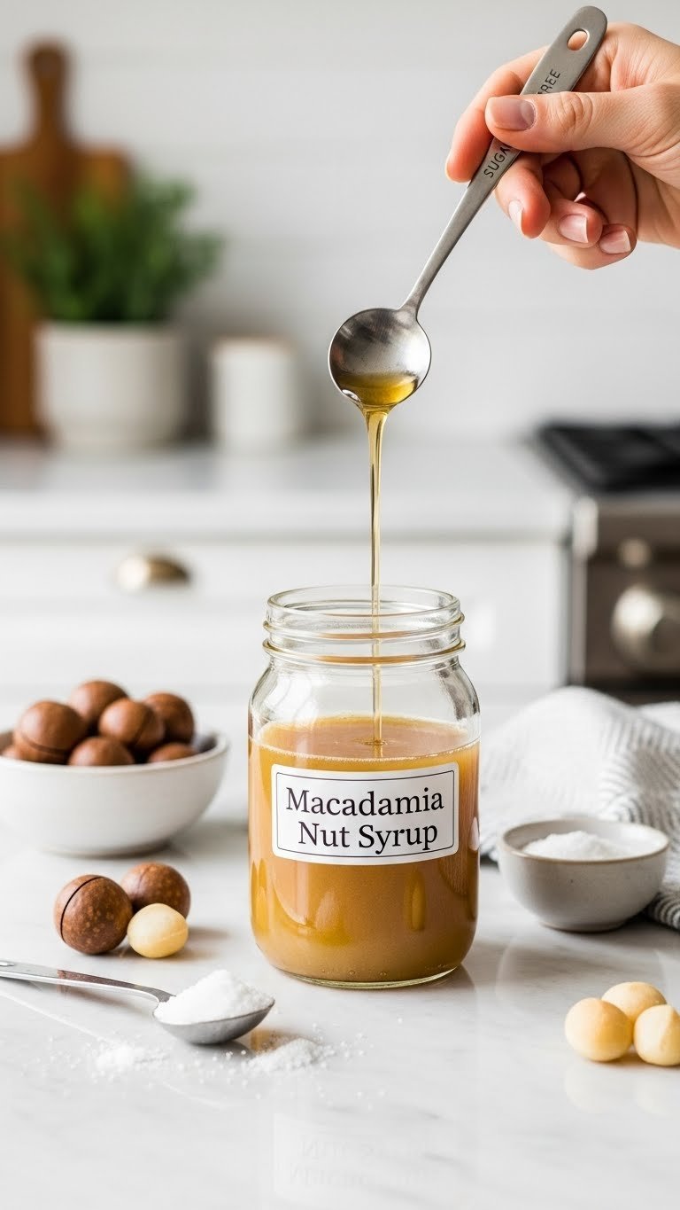 Clear glass jar of golden sugar-free macadamia nut syrup with fresh nuts and sweetener crystals on marble countertop.