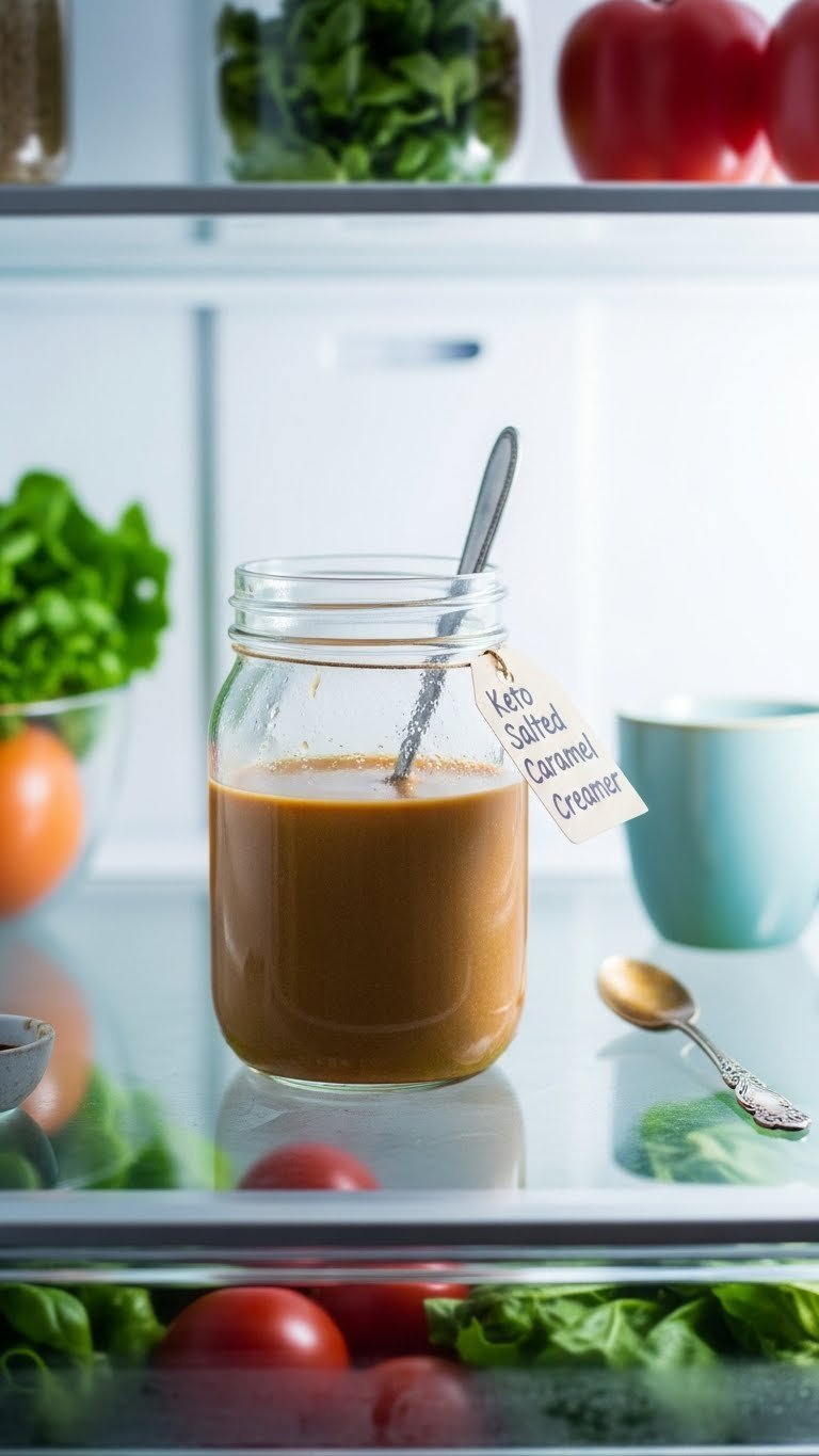 Clear glass jar of homemade keto salted caramel coffee creamer cooling in refrigerator