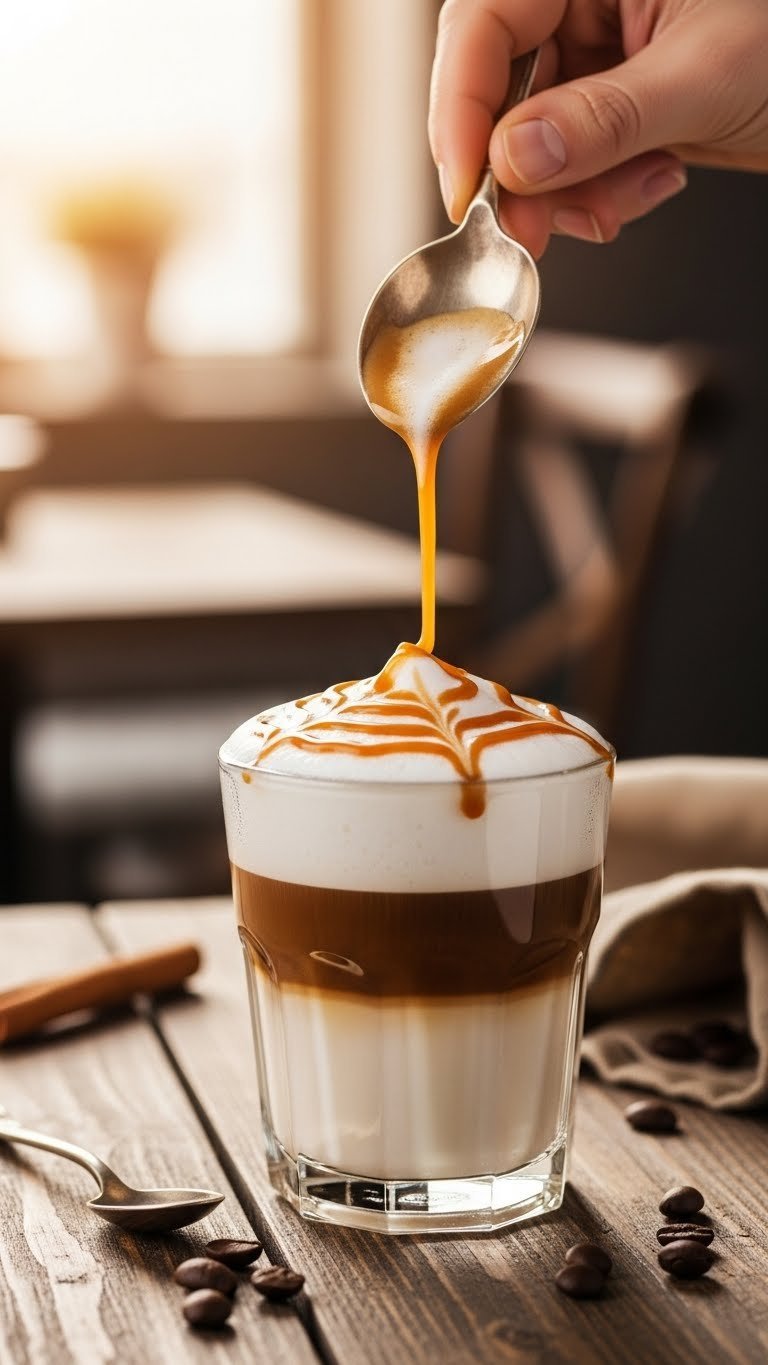 Clear glass keto caramel macchiato with layered espresso, creamy middle, and caramel-drizzled foam topping