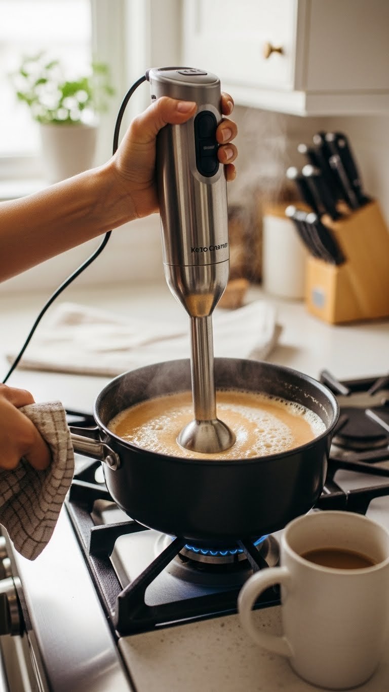 Clear glass mason jar filled with finished keto peppermint mocha creamer stored in refrigerator with condensation showing coldness.