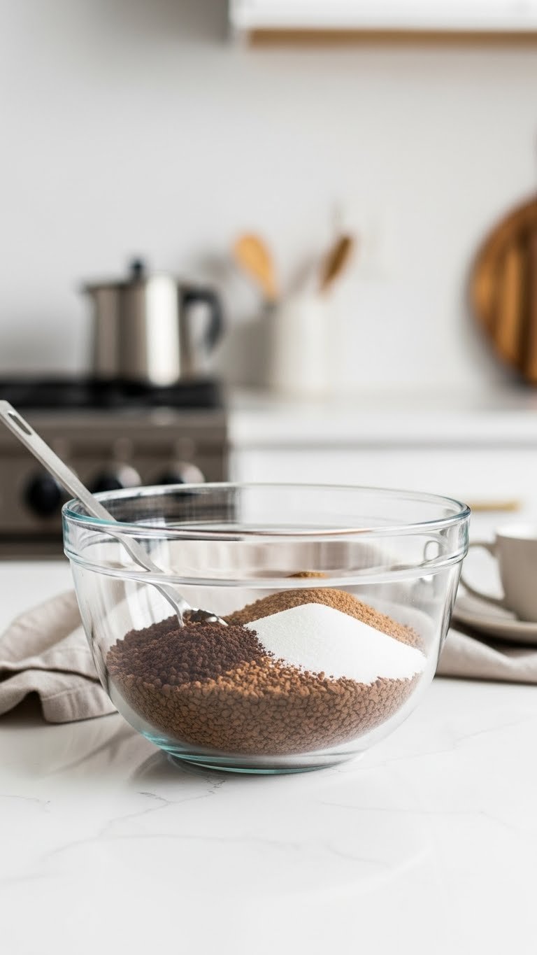 Whipped Coffee TikTok: 7 Steps for Perfect Fluffy Foam 3 Clear glass mixing bowl with instant coffee granules, sugar, and hot water ready for whipping Dalgona coffee on white kitchen counter.