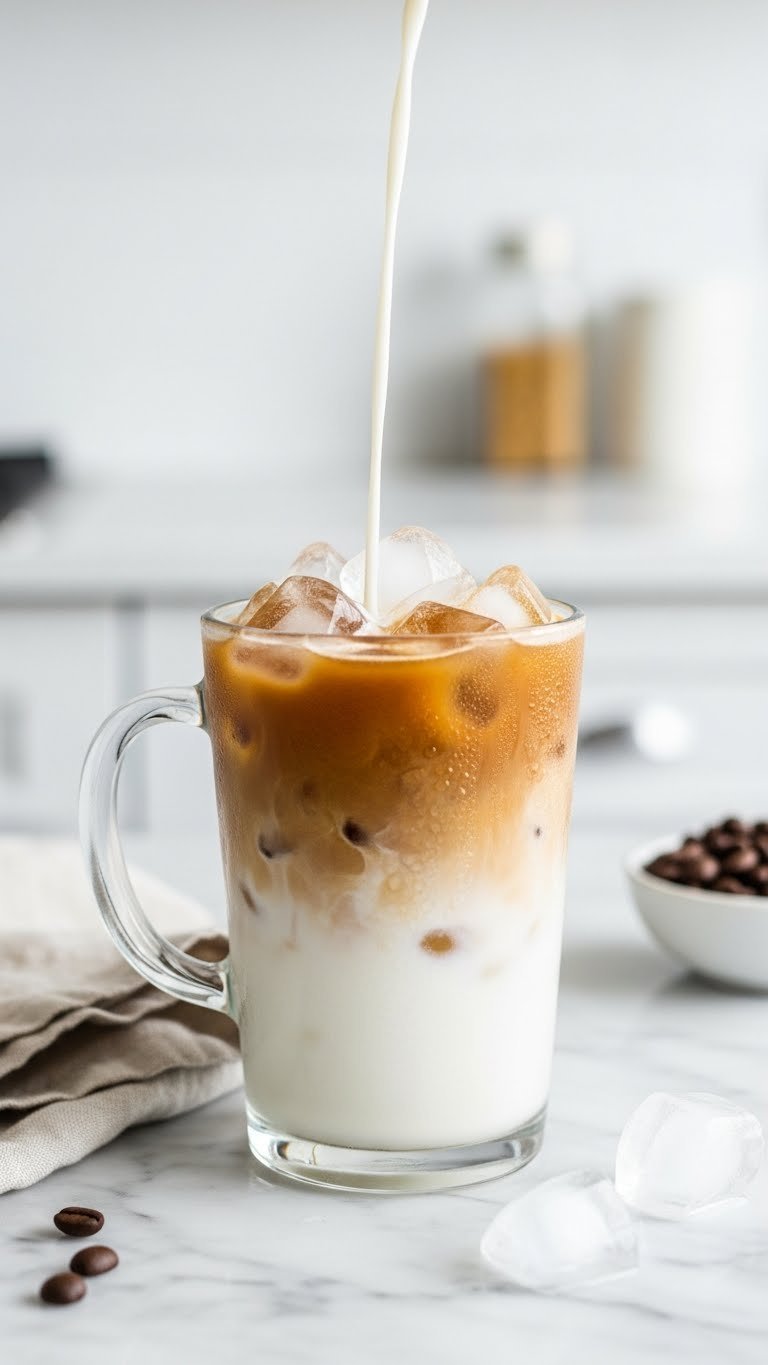 Clear glass mug filled with ice cubes and cold milk ready for Dalgona coffee layering on marble countertop