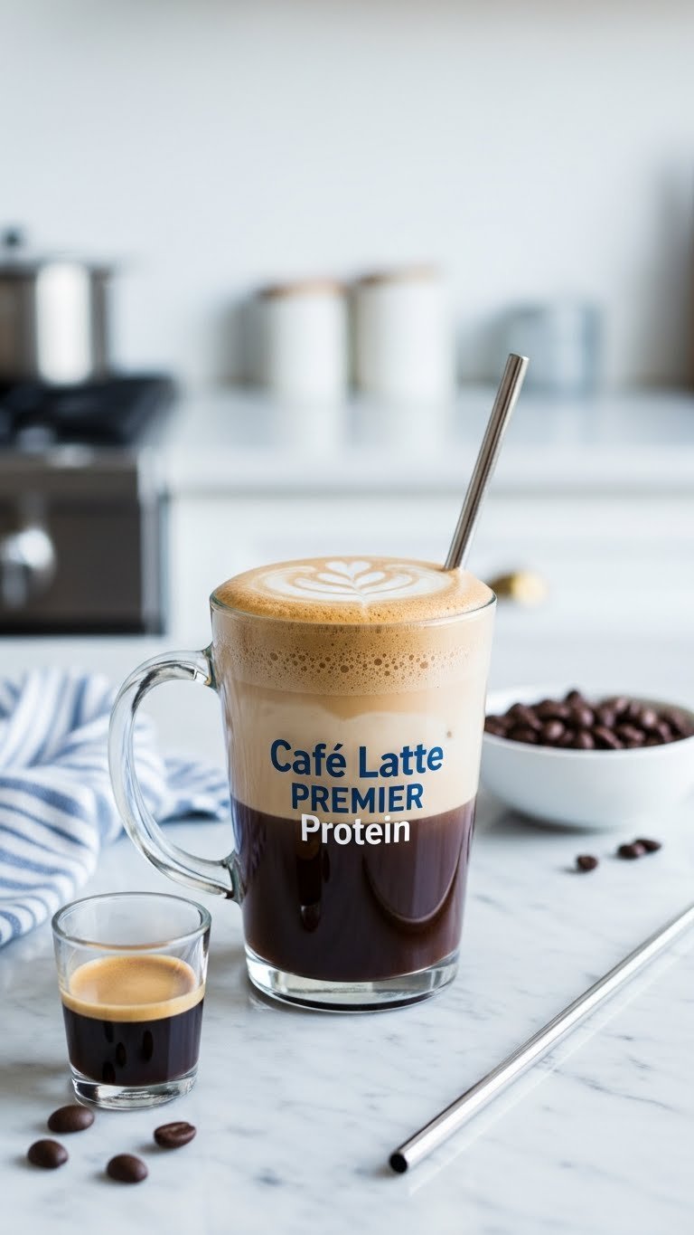 Clear glass mug showcasing layered cafe latte protein drink with espresso, creamy protein shake, and frothy coffee art