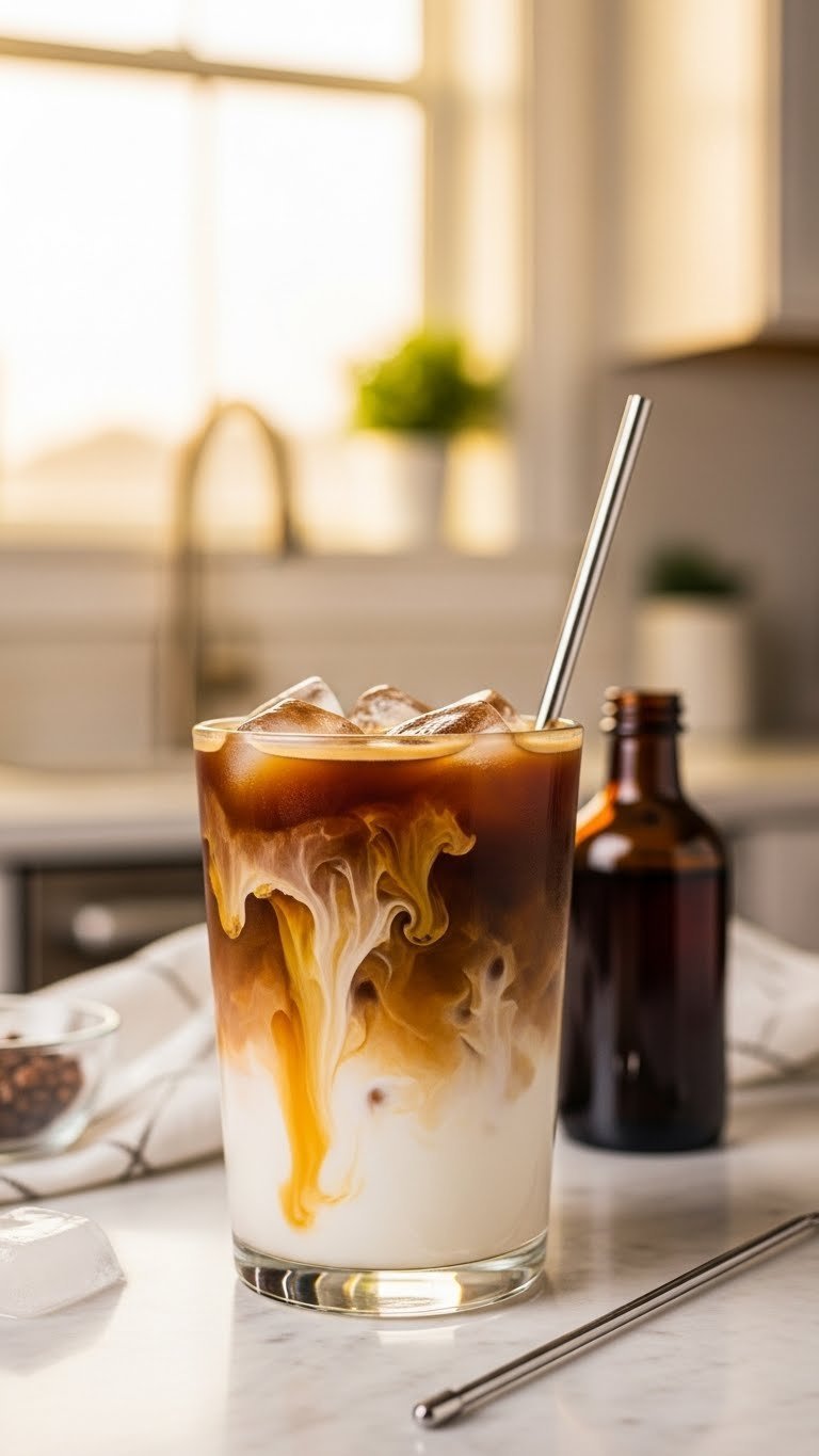 Clear glass of iced coffee with French vanilla syrup swirls on marble countertop with vanilla bottle and coffee stirrer