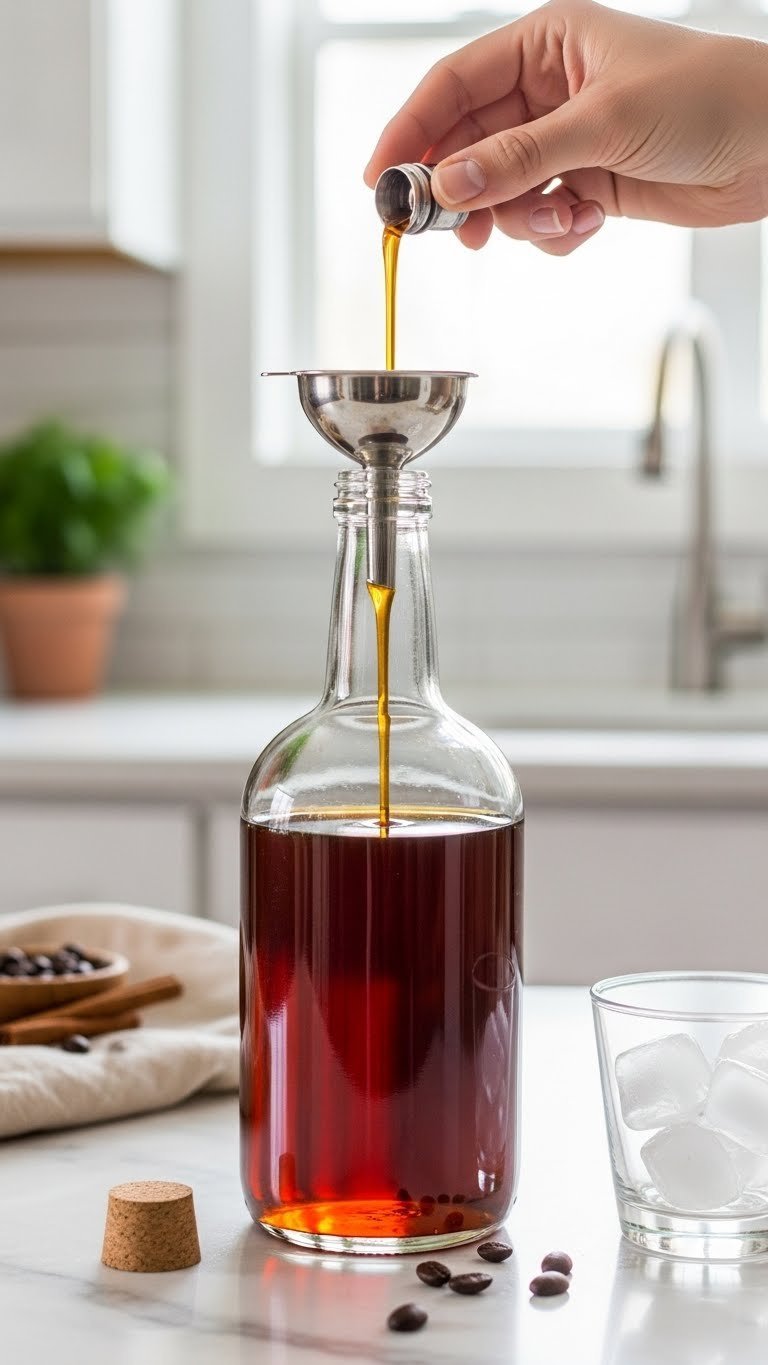 Clear glass syrup bottle being filled with homemade cinnamon dolce syrup using funnel on marble counter