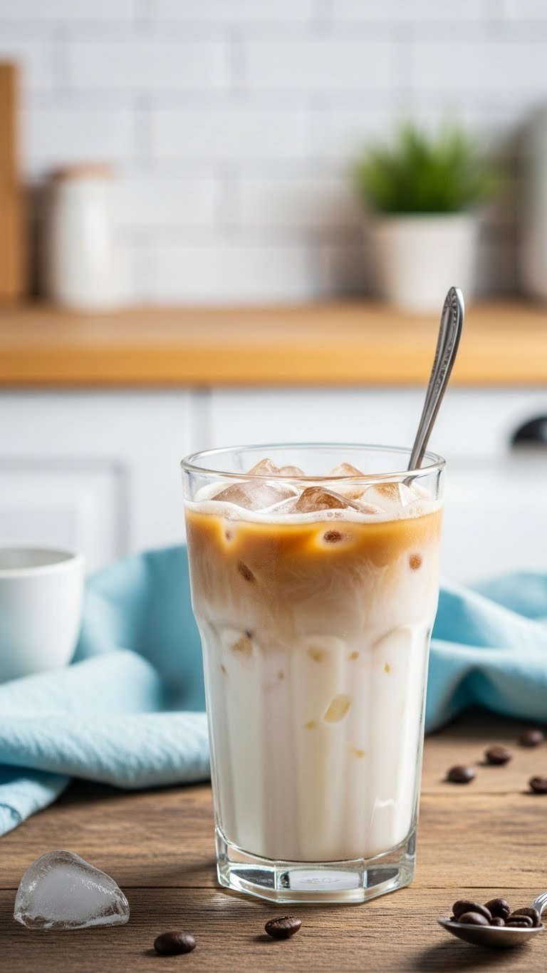 Clear glass with ice cubes and creamy white milk ready for whipped coffee topping on rustic wooden table