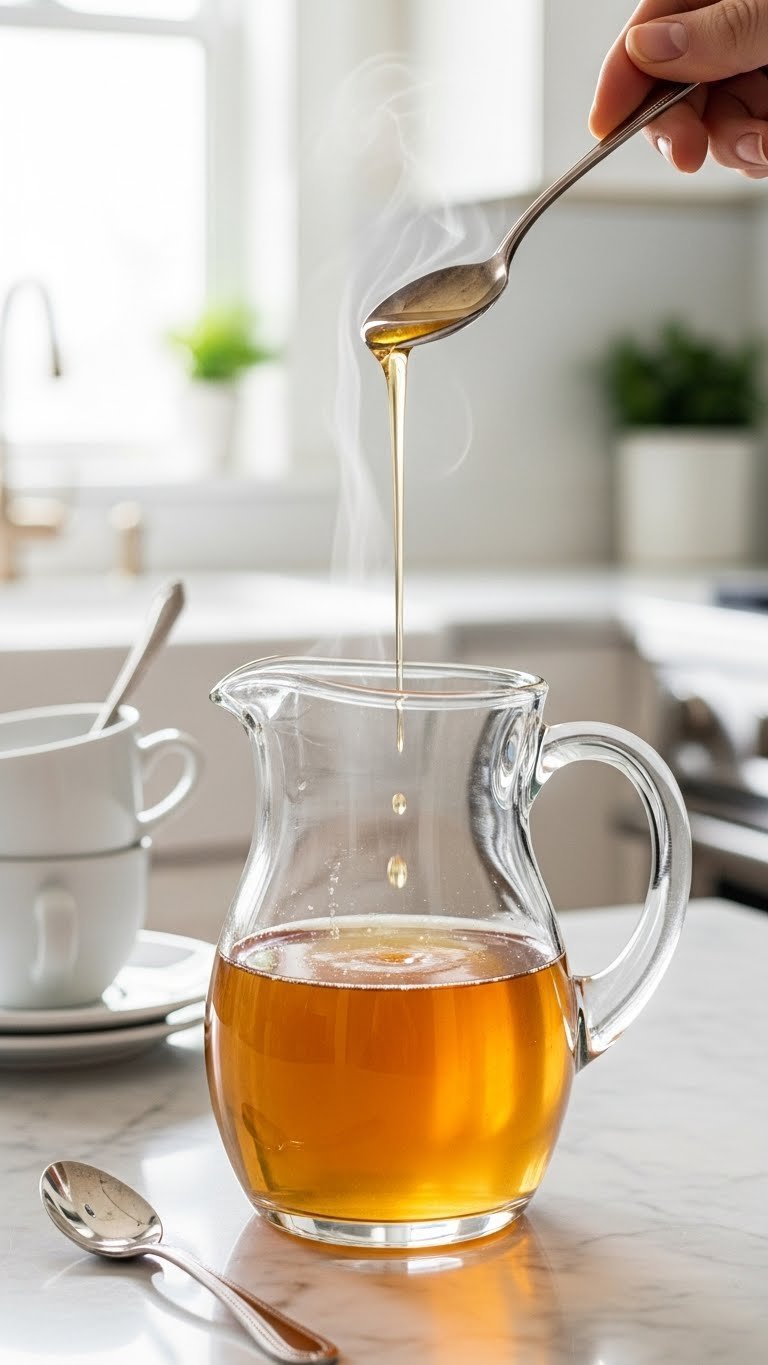 Clear golden almond simple syrup steaming in glass pitcher on marble countertop with coffee cups and spoon in background