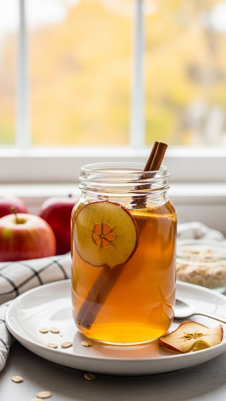 Clear golden-brown apple crisp syrup in rustic glass jar with dried apple chips and cinnamon stick floating inside