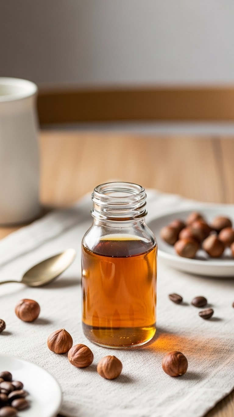 Clear golden-brown hazelnut coffee syrup in rustic glass bottle surrounded by roasted hazelnuts on textured linen tablecloth