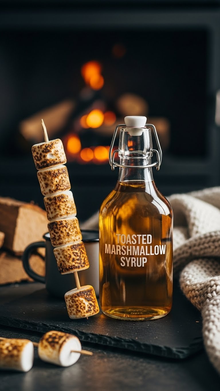 Clear golden toasted marshmallow syrup in sleek glass bottle with toasted marshmallows on skewer on dark slate
