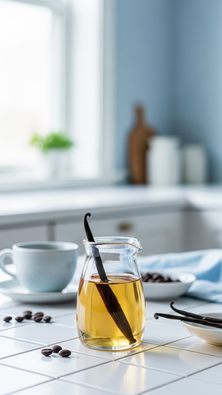 Clear golden vanilla bean syrup in small glass carafe with split vanilla bean visible at bottom on white ceramic