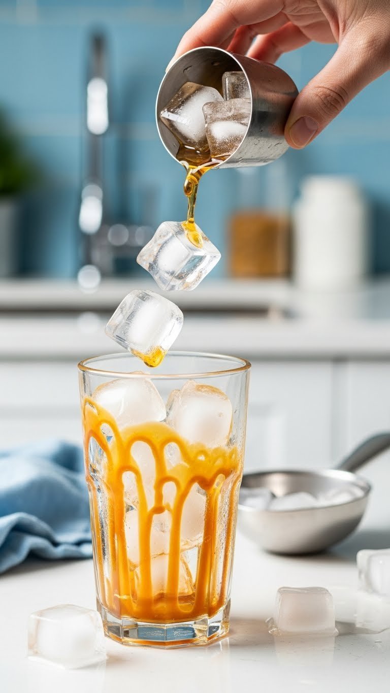 Clear ice cubes falling into tall glass tumbler with caramel drizzle on white countertop