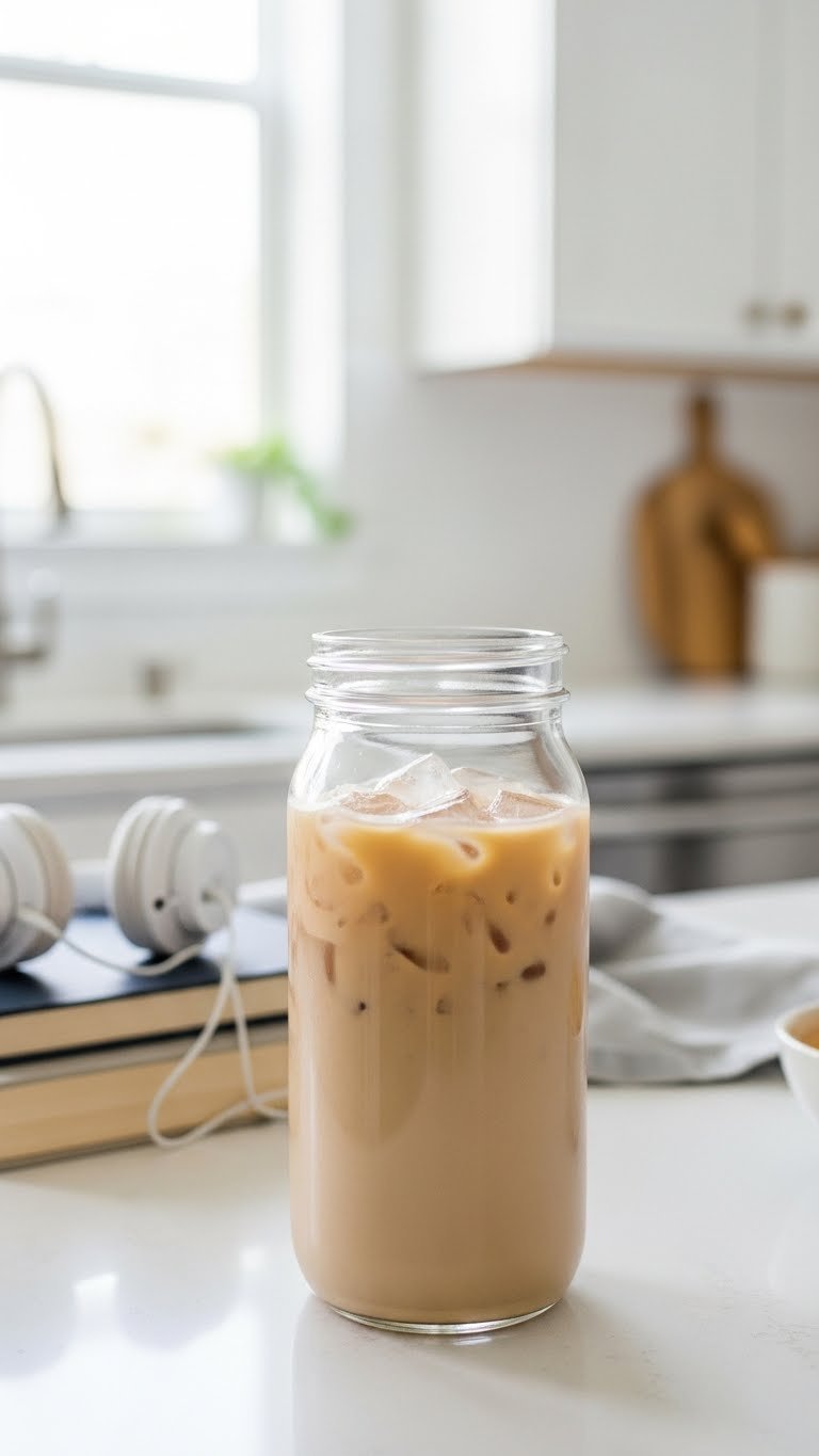 Clear mason jar of convenient iced vanilla protein coffee with ice cubes, books, and headphones on a light kitchen counter.