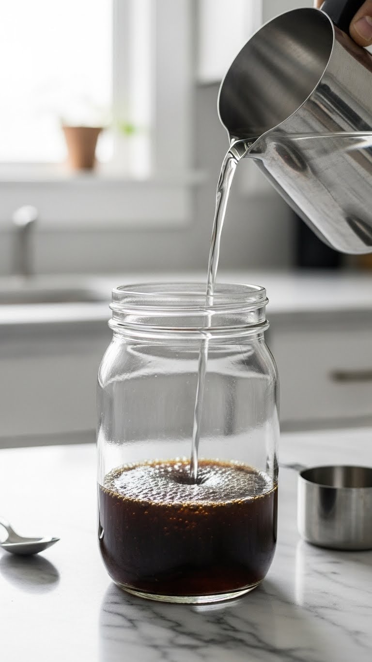 Clear mason jar with coarsely ground coffee receiving filtered water pour on marble countertop in bright kitchen setting.