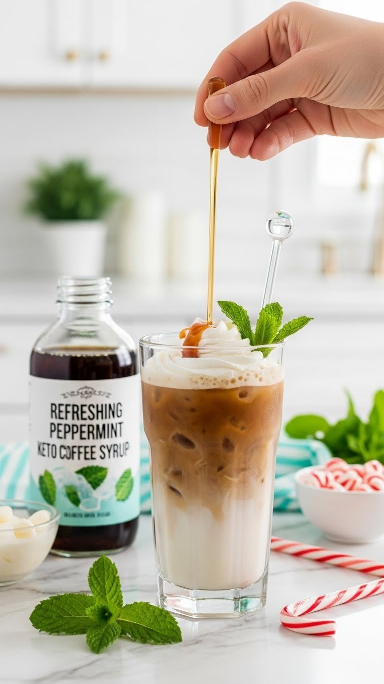 Clear peppermint keto coffee syrup stirred into frosty iced coffee with fresh mint leaves on white marble