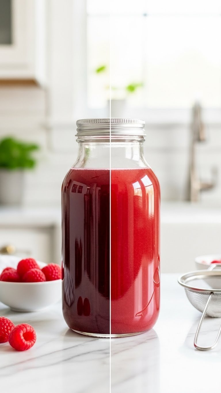 Clear ruby-red raspberry syrup next to cloudy version illustrating ideal versus common syrup making issues