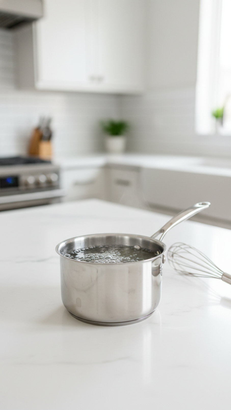Clear simmering simple syrup bubbling gently in a small saucepan on white marble countertop with minimalist kitchen background.