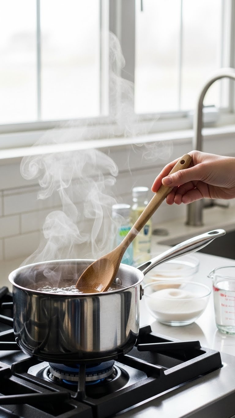 Clear simmering simple syrup in stainless steel saucepan with wooden spoon and soft kitchen background