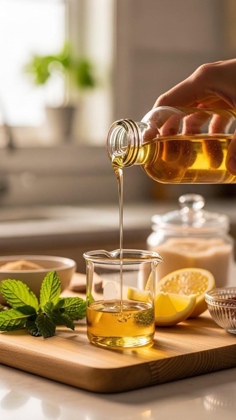 Clear simple syrup drizzling from glass bottle into beaker on wooden cutting board with warm golden hour lighting.
