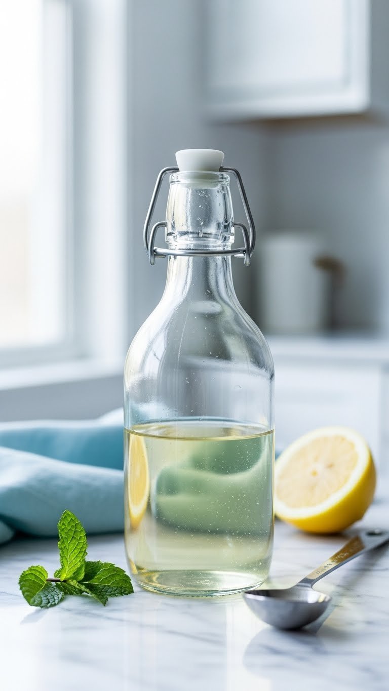 Perfect Iced Coffee Spritz Recipe: Your Essential Guide 3 Clear simple syrup in elegant glass bottle on marble countertop with mint sprig and bright daylight illumination