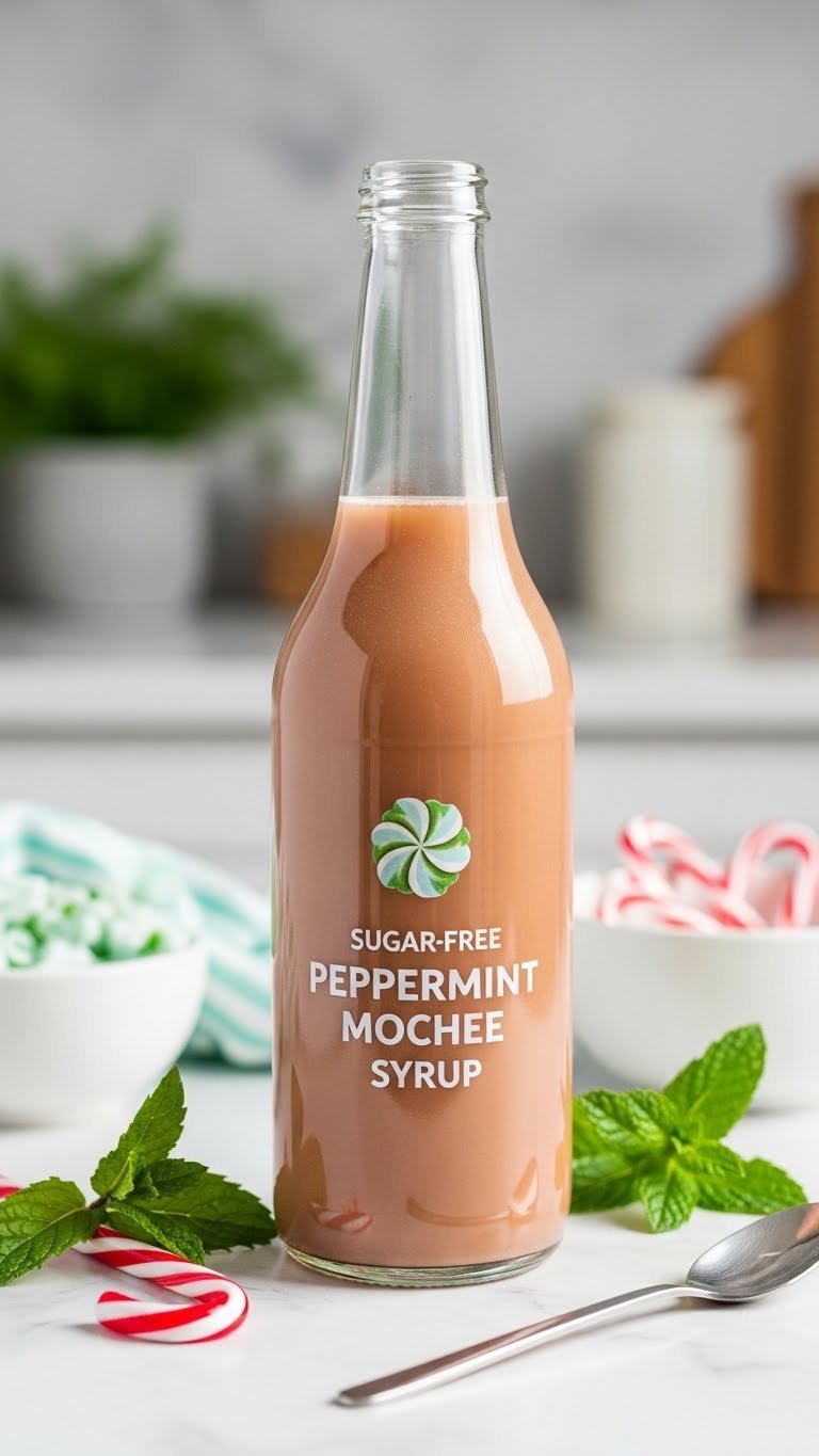 Clear sugar-free peppermint mocha syrup in slender glass bottle with fresh mint leaves on white marble