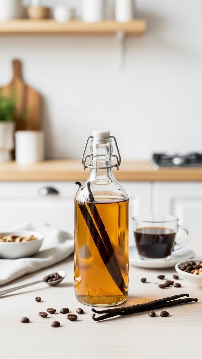 Clear sugar-free vanilla coffee syrup in sleek glass bottle with split vanilla bean pod on minimalist wooden table