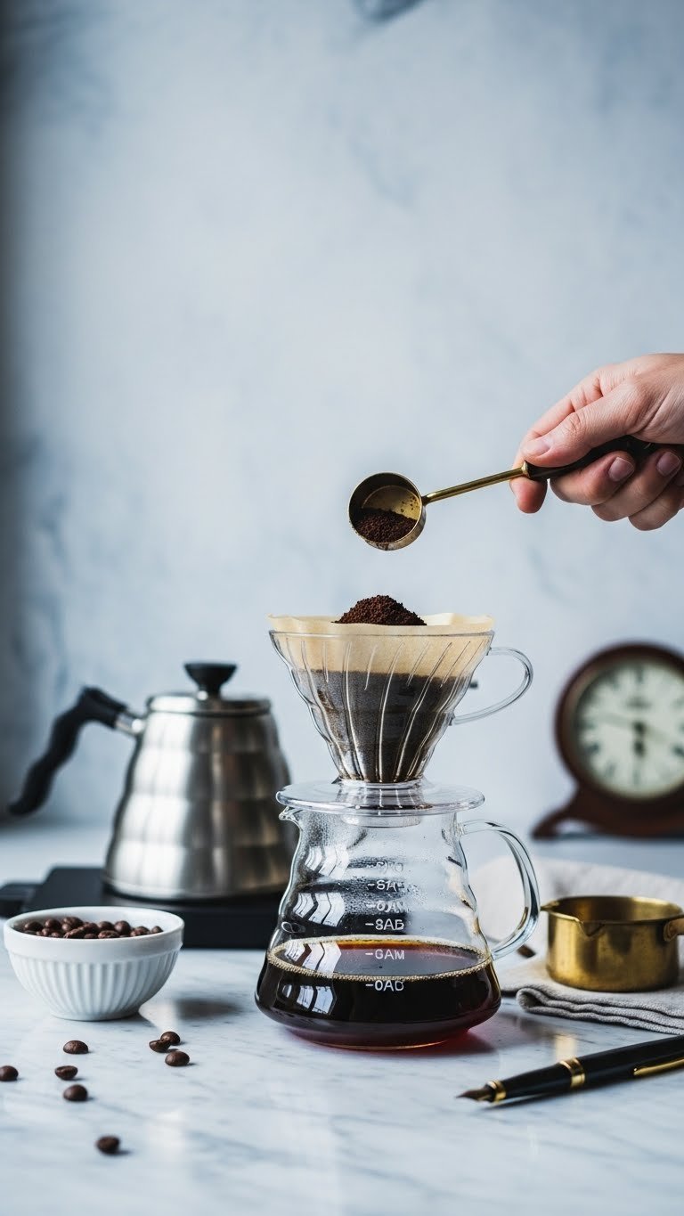 Close-up Dark Academia coffee brewing scene with brass scale measuring grounds and gooseneck kettle in background