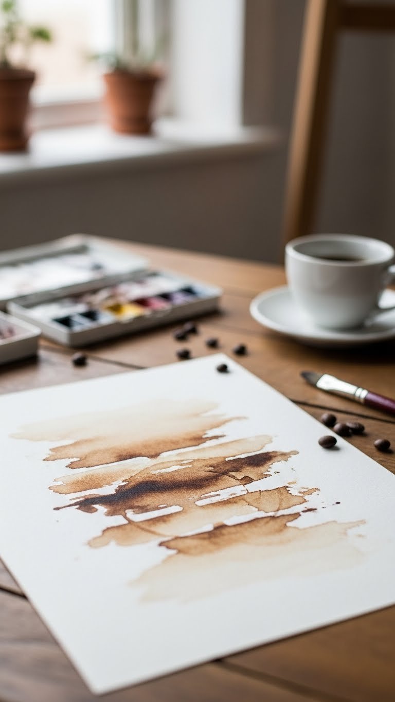 Close-up abstract coffee stain art on textured watercolor paper with sepia tones, ceramic cup, and scattered coffee beans on rustic wooden table.