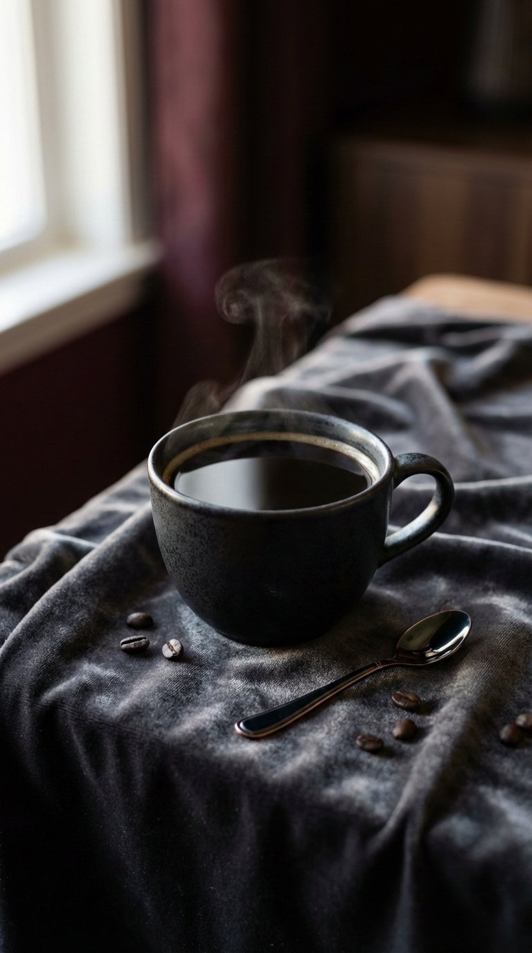 Close-up black coffee cup on textured dark velvet surface with coffee beans scattered around for cozy rich atmosphere