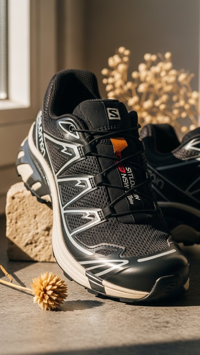 Close-up macro shot of Salomon XT-6 Black Coffee sneakers on textured stone with coffee bean accent in warm natural lighting.