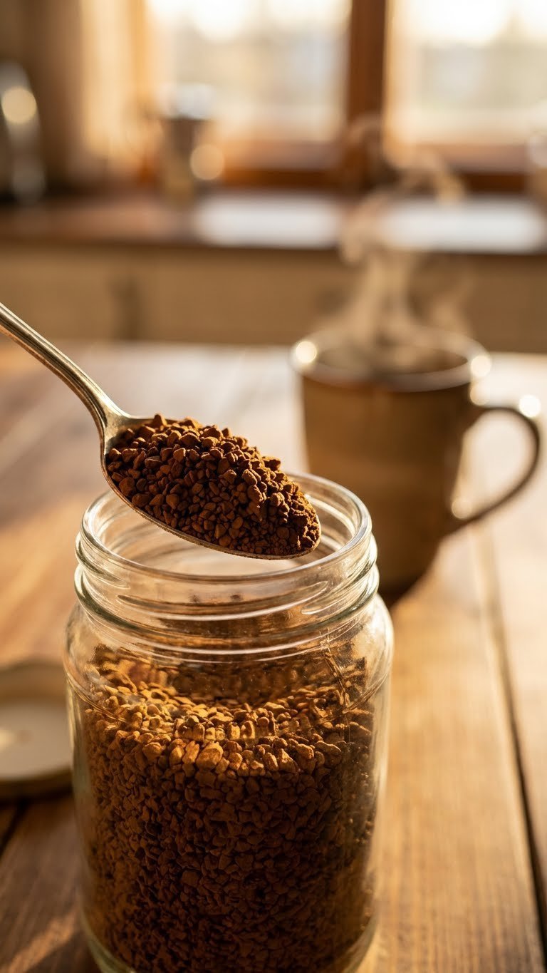 Sugar Free Whipped Coffee Recipe That Works Without Sugar 7 Close-up macro shot of dark instant coffee crystals being spooned from glass jar with rustic wooden table background