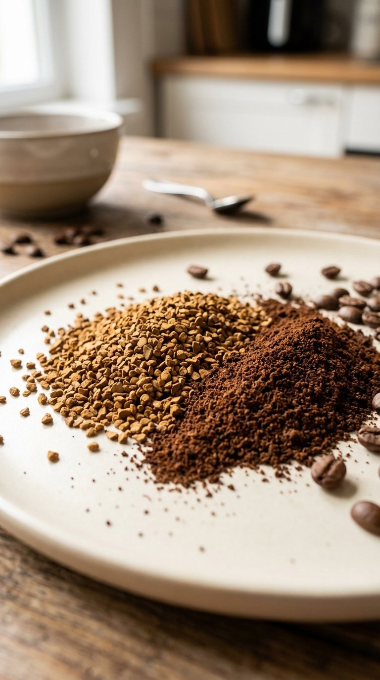 Master Whipped Coffee Espresso Martini: 7 Proven Tips 1 Close-up macro shot of instant coffee granules and ground beans arranged on rustic wooden table with silver spoon and ceramic bowl
