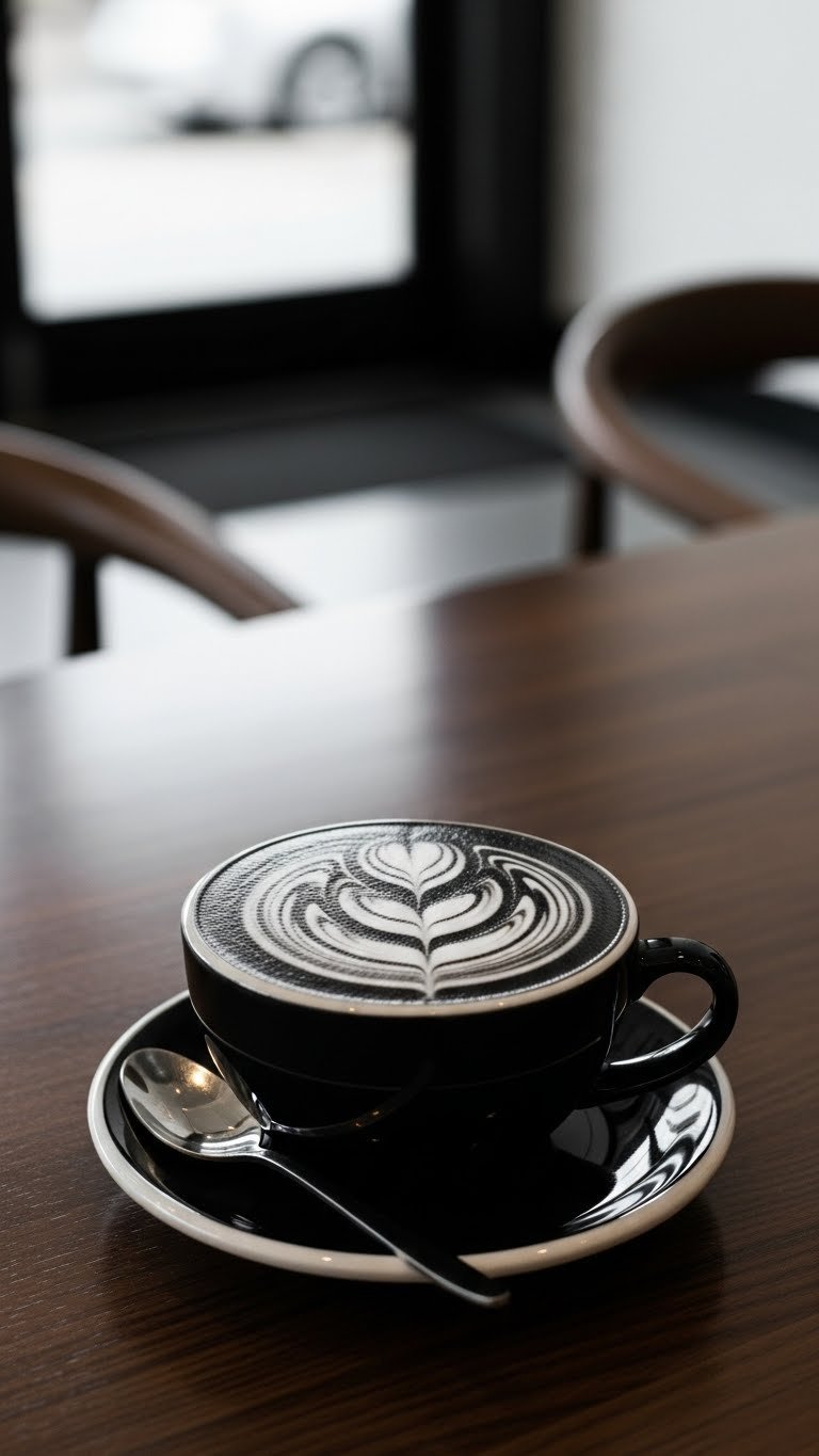 Close-up macro shot of intricate black latte art in minimalist ceramic cup on dark wooden table with soft bokeh background