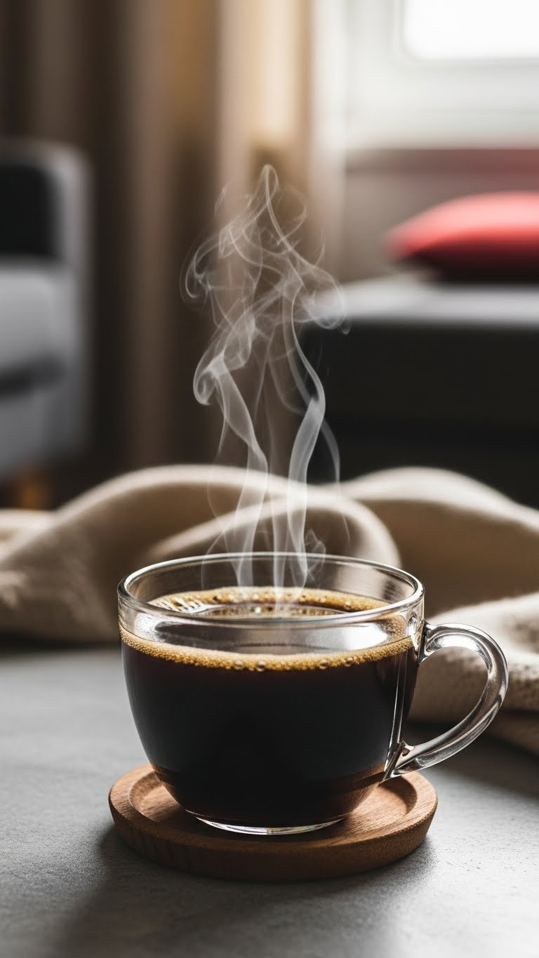 Close-up macro shot of steaming black coffee with visible crema texture and rising steam on wooden coaster