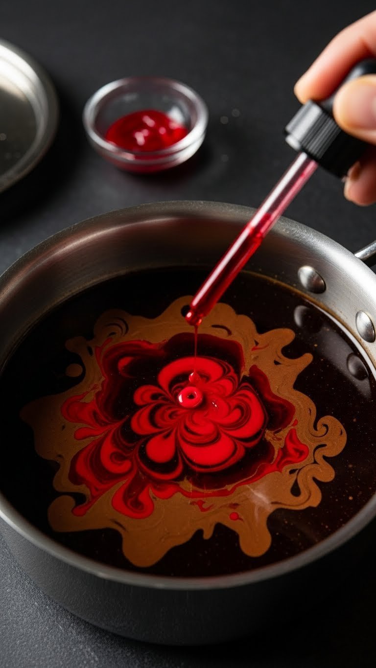 Close-up macro shot of vibrant red food coloring swirling into dark chocolate syrup base creating dramatic color infusion