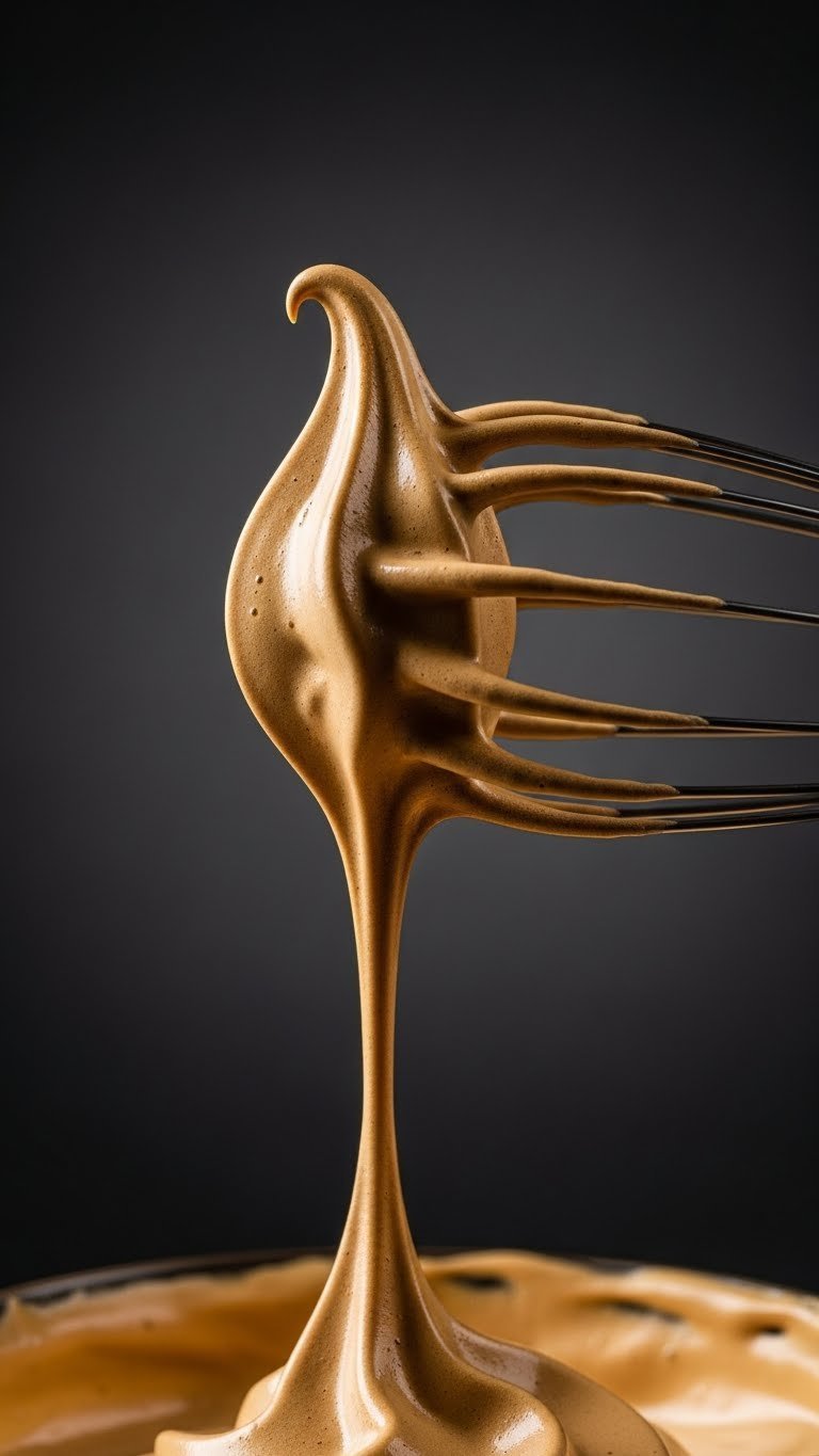 Whipped Coffee With Oat Milk Easy Vegan Recipe That Always Works 9 Close-up macro shot of whisk with stiff caramel-colored whipped coffee peak against dark background.