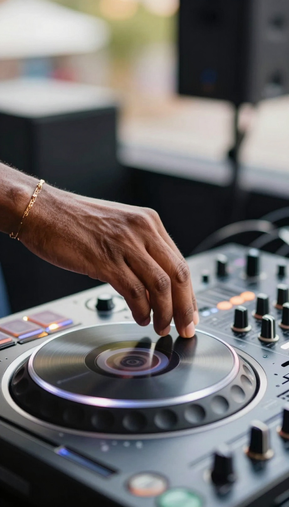 Close-up of DJ Black Coffee's hand manipulating professional DJ console with subtle jewelry and bright lighting