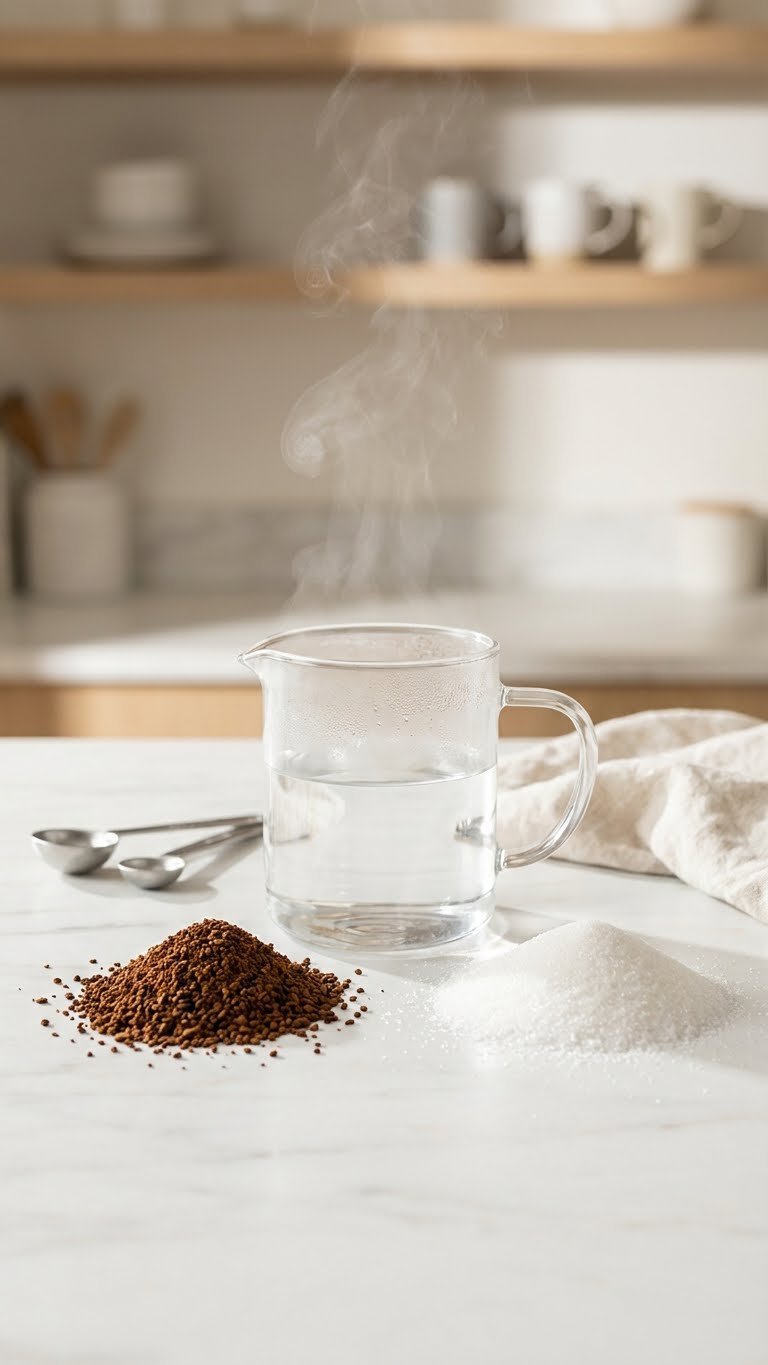 Dalgona Whipped Coffee: Make The Perfect 3-Ingredient Recipe 1 Close-up of Dalgona coffee ingredients including instant coffee, sugar, and hot water arranged on marble countertop for recipe preparation.