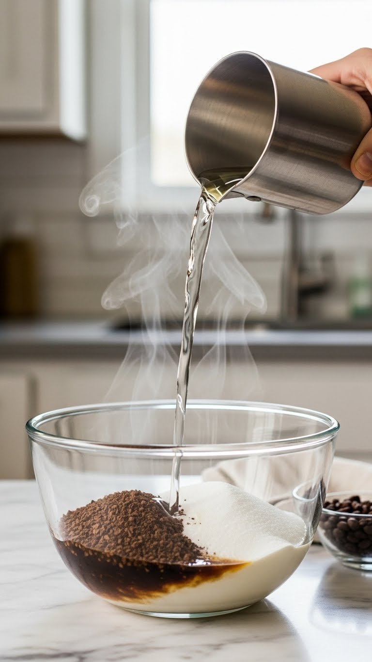 Close-up of Dalgona coffee ingredients mixing with instant coffee, sugar, and hot water creating distinct layers in glass bowl