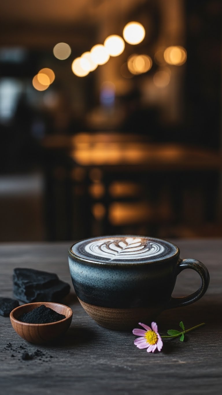 Close-up of Sumi Coffee's charcoal-infused black latte with delicate white foam art in rustic ceramic mug