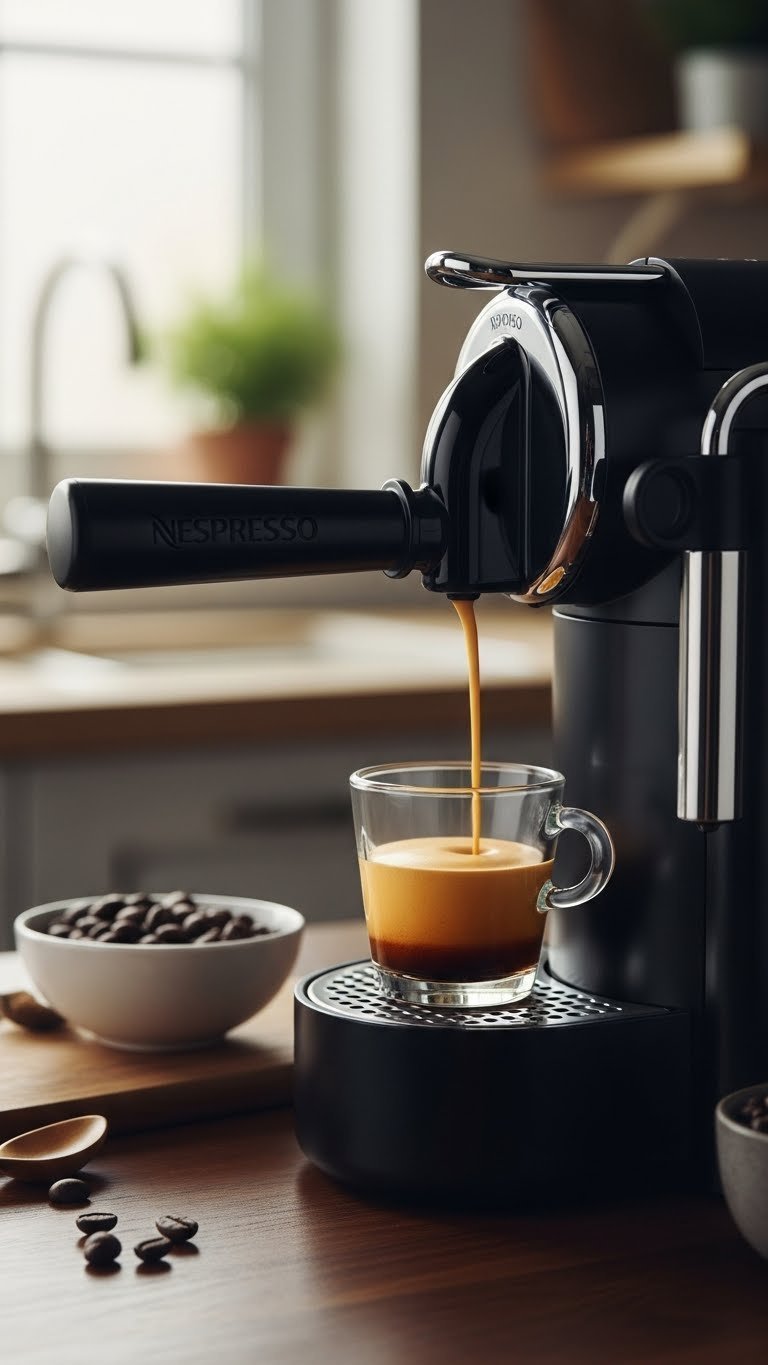 Whipped Coffee With Nespresso Easy Creamy Recipe For Beginners 3 Close-up of a Nespresso machine brewing dark espresso with golden crema into a glass cup on a wooden countertop.