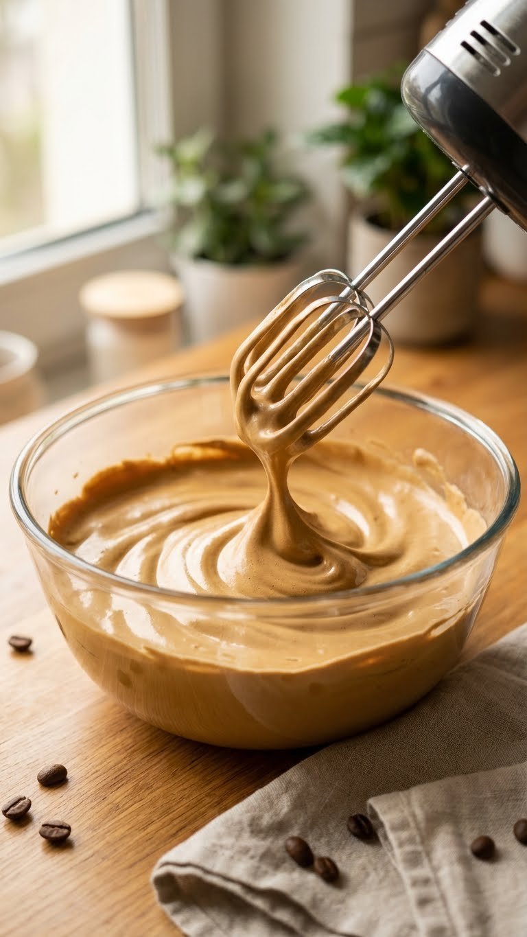 Ultimate Collagen Whipped Coffee: Easy Fluffy Recipe 3 Close-up of a hand mixer whipping creamy collagen coffee in a clear glass bowl, forming fluffy light brown peaks and swirls.