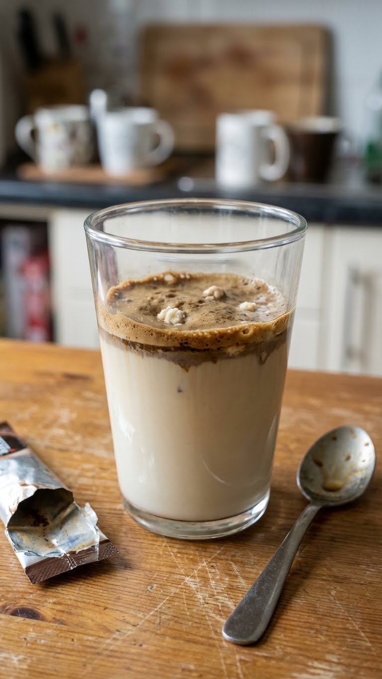 Ultimate Collagen Whipped Coffee: Easy Fluffy Recipe 11 Close-up of a less-than-perfect whipped coffee with a runny, sunken layer and visible collagen particles in a glass.