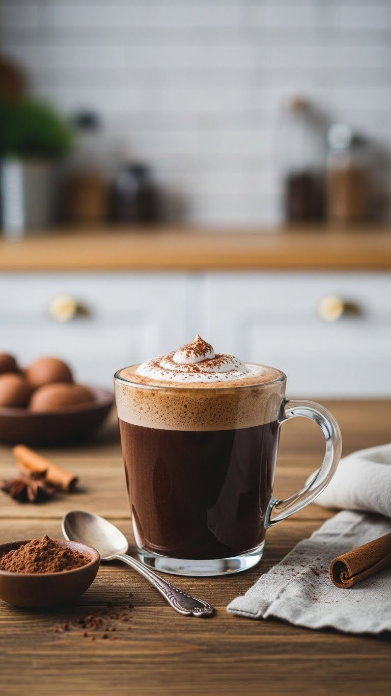 Close-up of a rich keto mocha coffee in a glass mug with frothed cream and cocoa powder on a rustic wooden table.