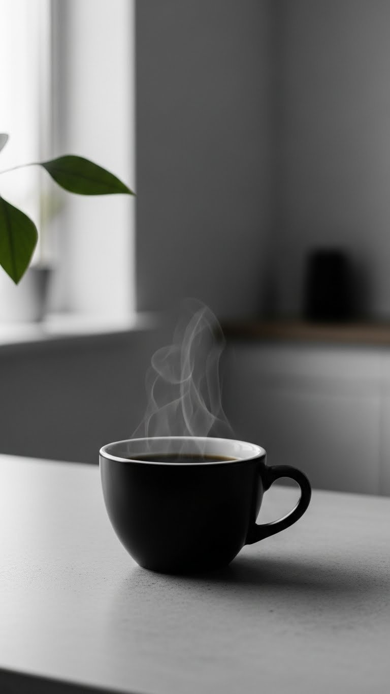 Close-up of a steaming black coffee mug on a minimalist gray concrete countertop with soft natural lighting