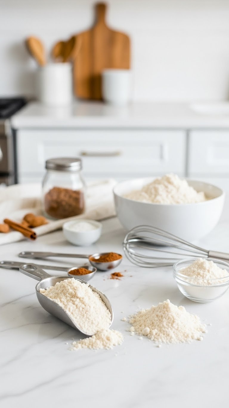 Close-up of almond flour and coconut flour scoops on white marble countertop with baking utensils for keto coffee cake muffins